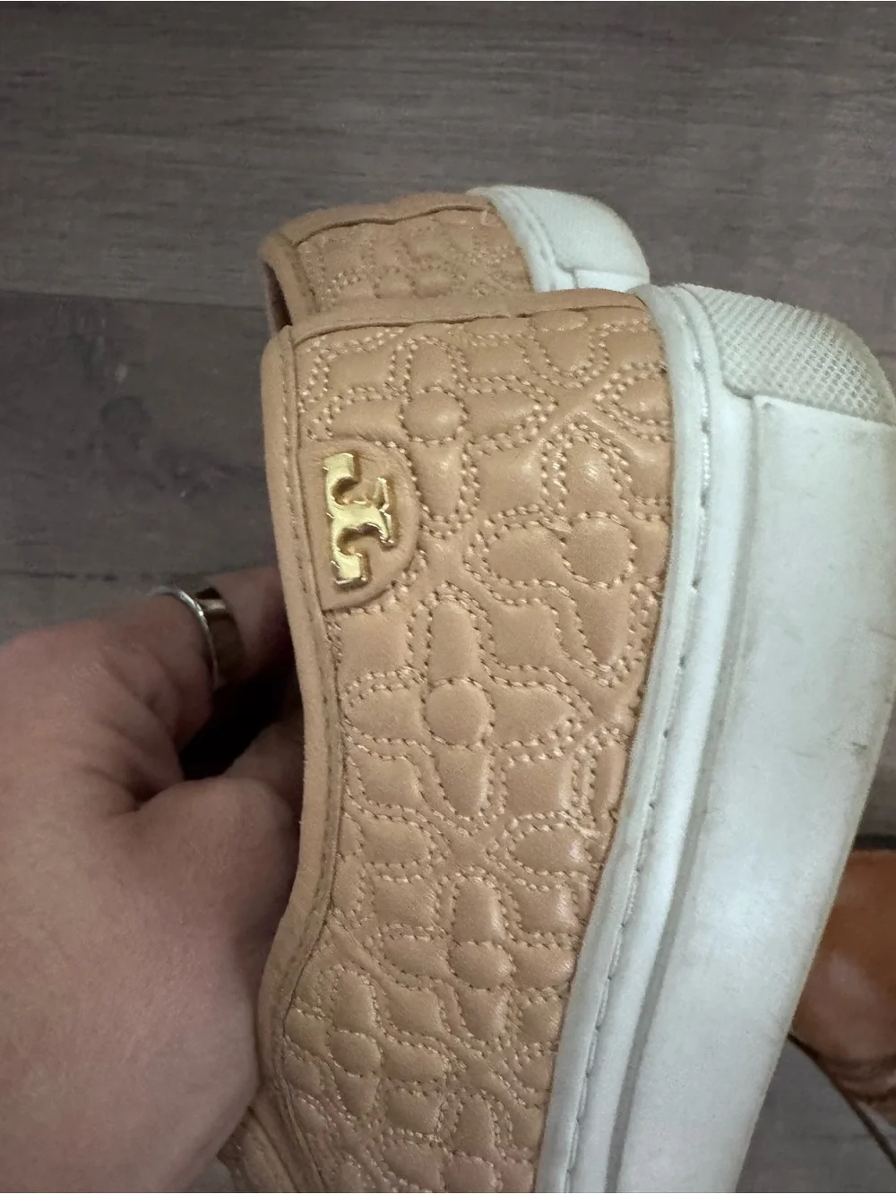 Tory Burch Quilted Slip-On Flats in Light Beige with White Soles